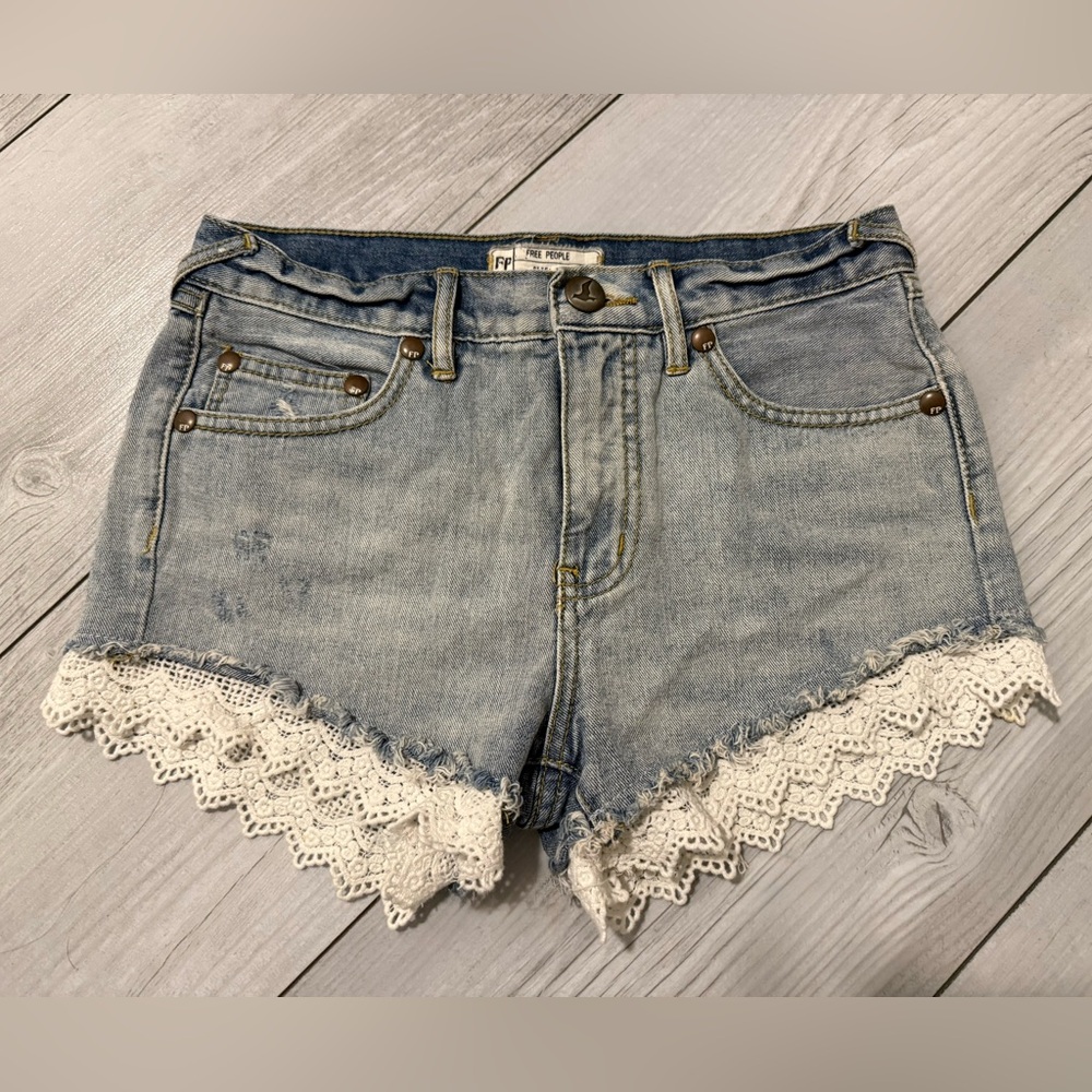 Free People Blue Jean Shorts with Lace Trim